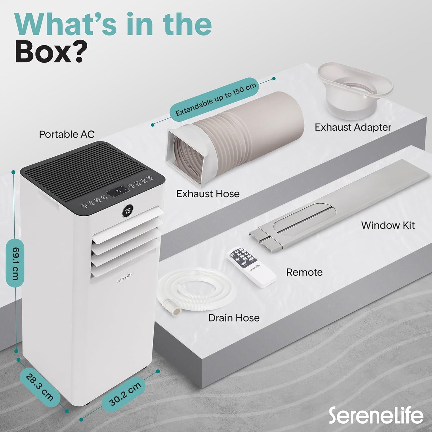 SereneLife 9,000 BTU Portable Air Conditioner, Small AC with Dehumidifier and Fan, WiFi Function, Mini AC Unit with 28 m² (300 Sq. Ft.) Coverage, Includes Remote Control and Window Mount Kit
