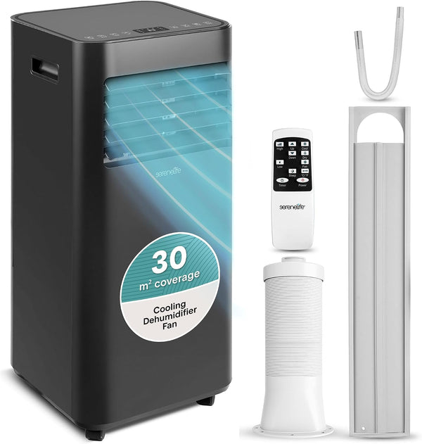 SereneLife Portable Air Conditioner 9000 BTU, Compact AC Unit with Dehumidifier & Fan for Rooms up to 30 m², Energy Efficient Quiet Cooling with Remote, Window Kit, Black
