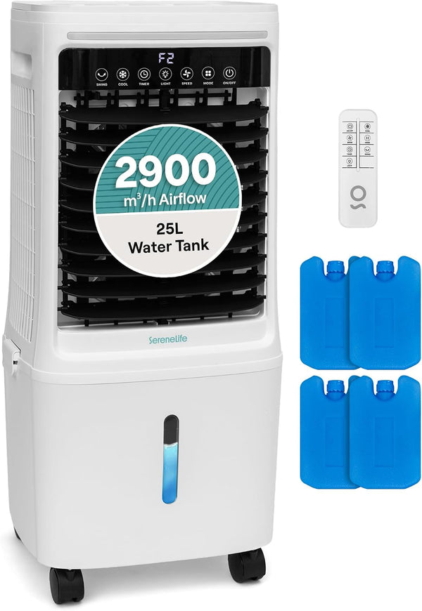 SereneLife Portable Air Cooler 25L with Remote Control – 1700 CFM Evaporative Cooling Fan with Ice Packs 60° Oscillation Timer Quiet Energy Efficient for Large Room Home Office Bedroom