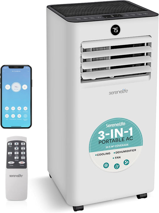 SereneLife 9,000 BTU Portable Air Conditioner, Small AC with Dehumidifier and Fan, WiFi Function, Mini AC Unit with 28 m² (300 Sq. Ft.) Coverage, Includes Remote Control and Window Mount Kit