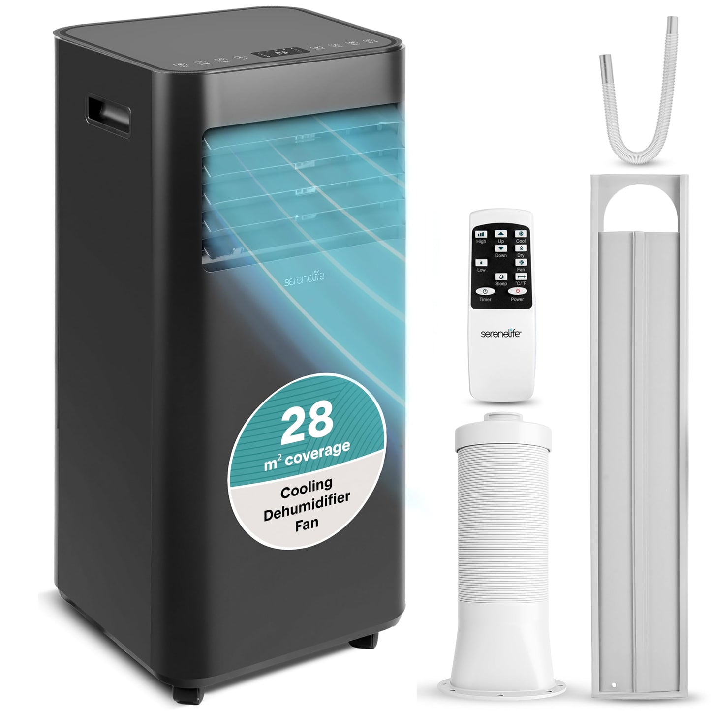 SereneLife Portable Air Conditioner 9000 BTU, Compact AC Unit with Dehumidifier & Fan for Rooms up to 30 m², Energy Efficient Quiet Cooling with Remote, Window Kit, Black