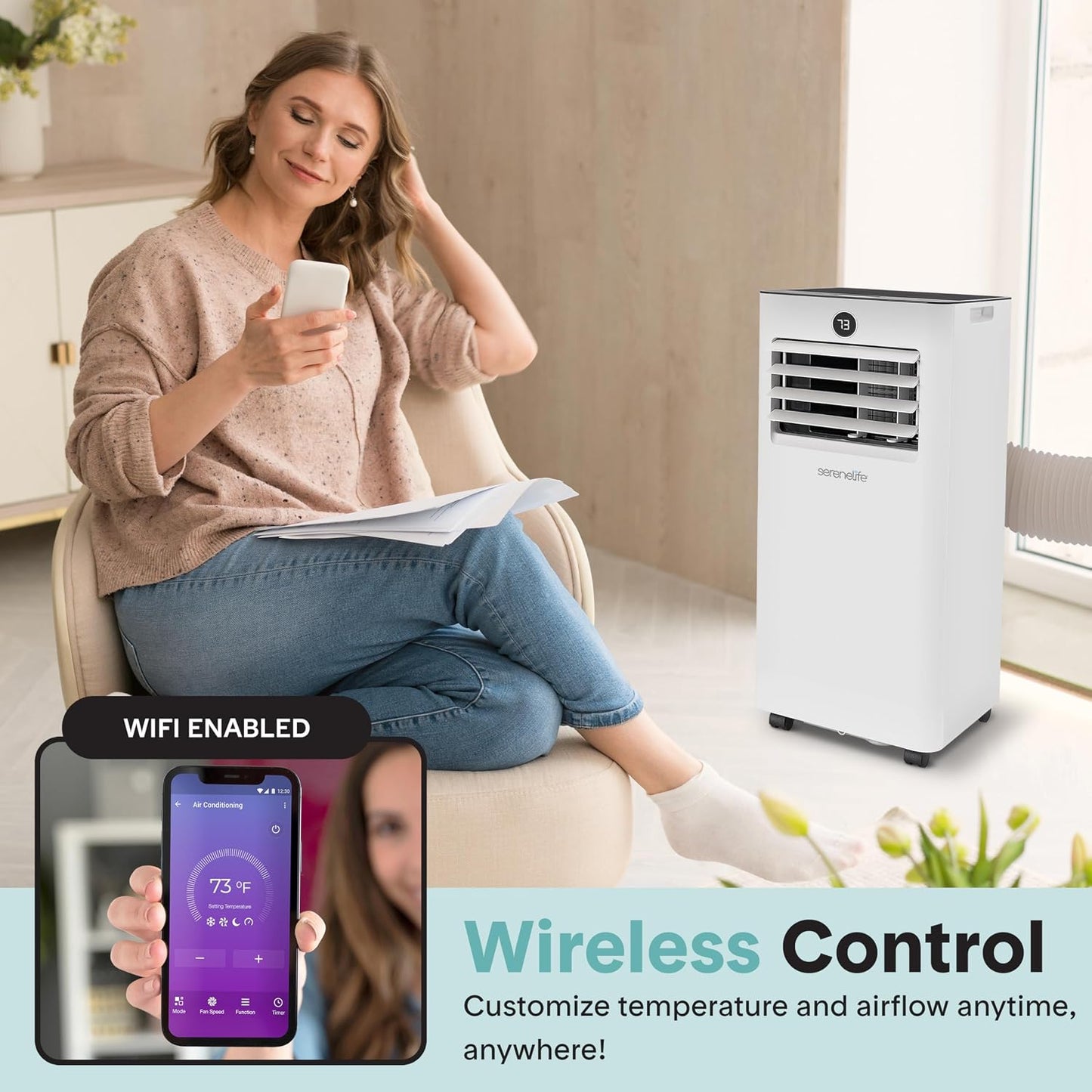 SereneLife 9,000 BTU Portable Air Conditioner, Small AC with Dehumidifier and Fan, WiFi Function, Mini AC Unit with 28 m² (300 Sq. Ft.) Coverage, Includes Remote Control and Window Mount Kit