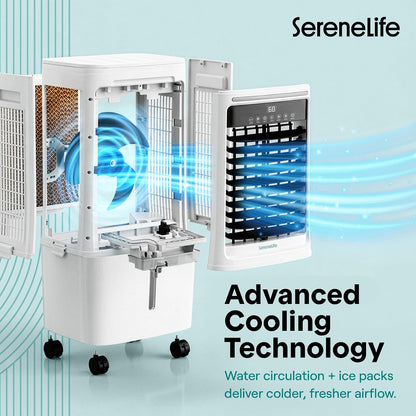 SereneLife Portable Air Cooler 25L with Remote Control – 1700 CFM Evaporative Cooling Fan with Ice Packs 60° Oscillation Timer Quiet Energy Efficient for Large Room Home Office Bedroom