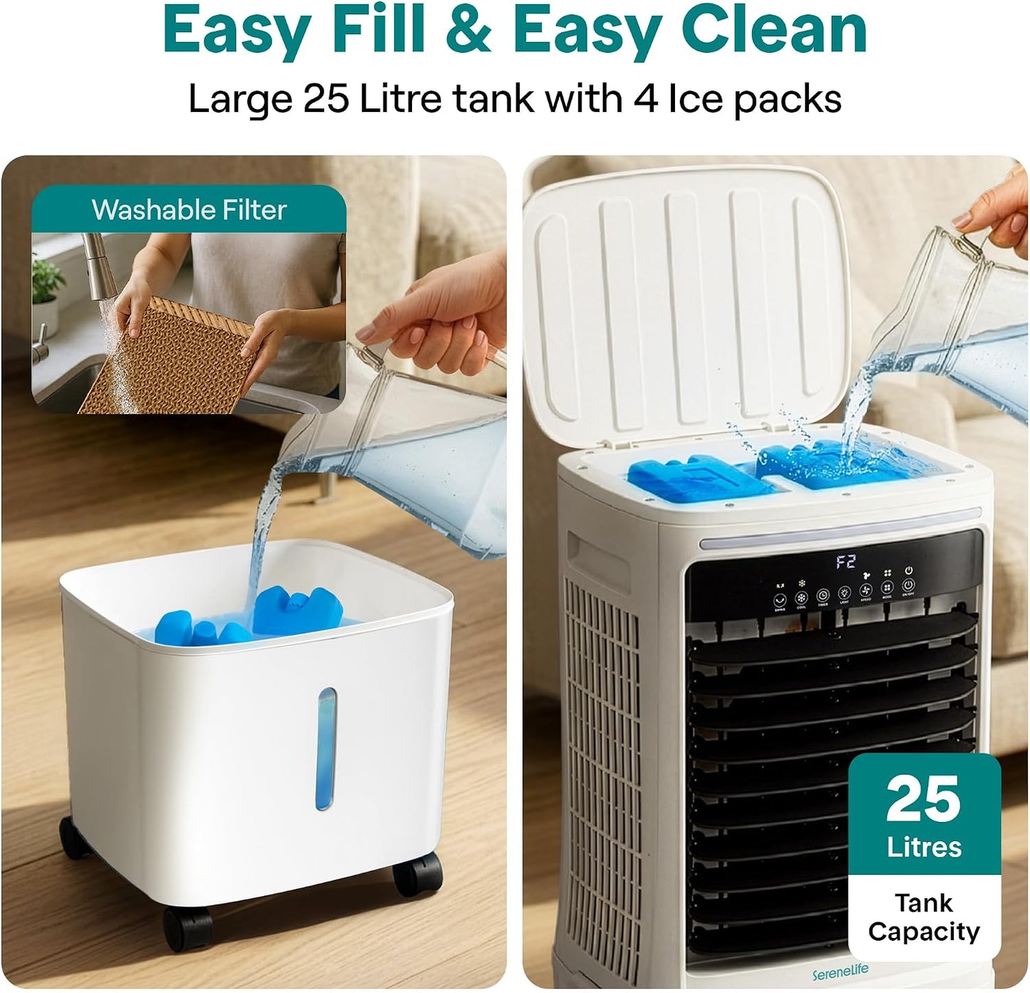 SereneLife Portable Air Cooler 25L with Remote Control – 1700 CFM Evaporative Cooling Fan with Ice Packs 60° Oscillation Timer Quiet Energy Efficient for Large Room Home Office Bedroom