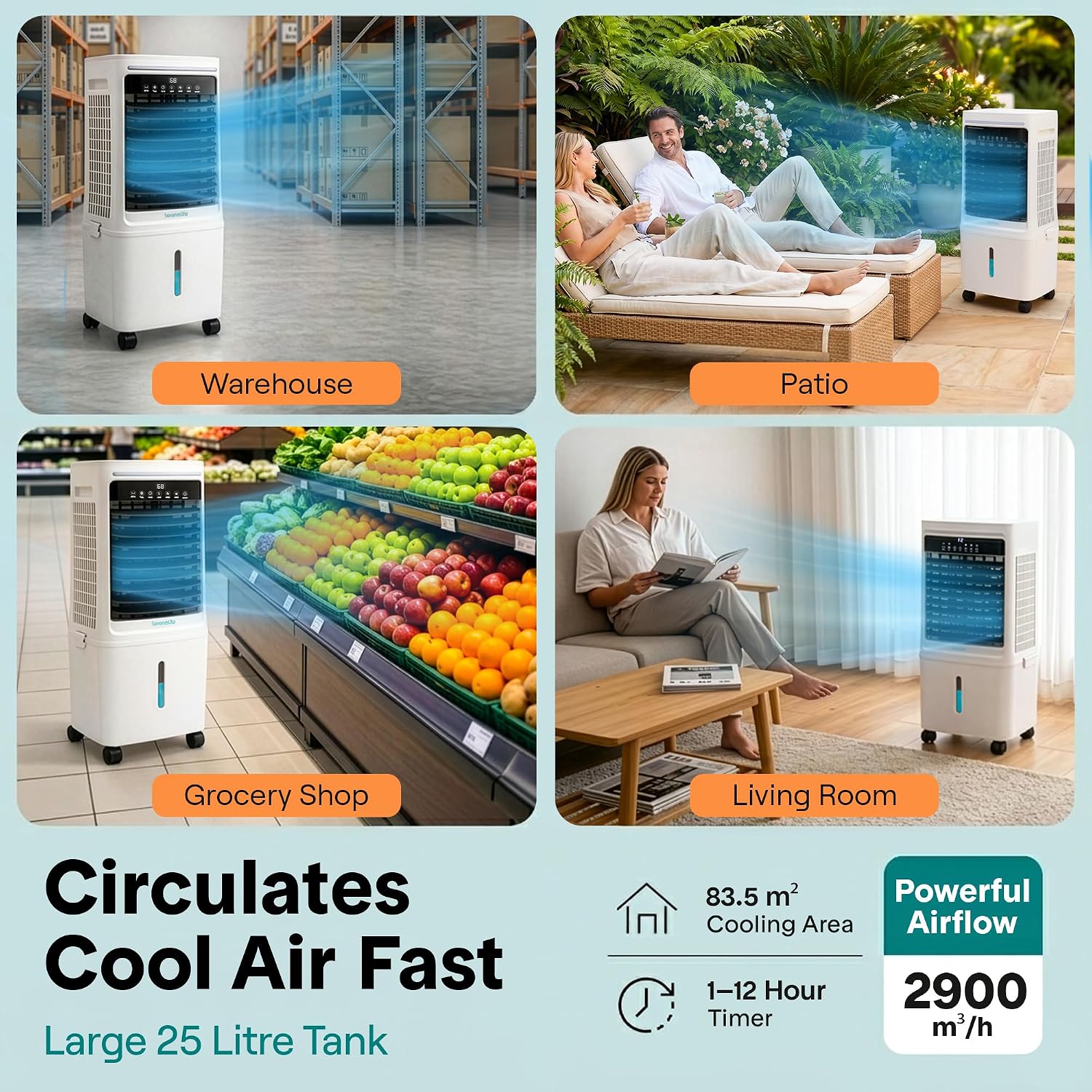SereneLife Portable Air Cooler 25L with Remote Control – 1700 CFM Evaporative Cooling Fan with Ice Packs 60° Oscillation Timer Quiet Energy Efficient for Large Room Home Office Bedroom