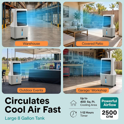 SereneLife Portable Swamp Cooler Air Conditioner - 2500 CFM Airflow, 8 Gallon Water Tank Portable Evaporative Air Cooler for Room & Outdoors, WiFi, Humidifier & Fan Modes, Ice Packs & Remote Included