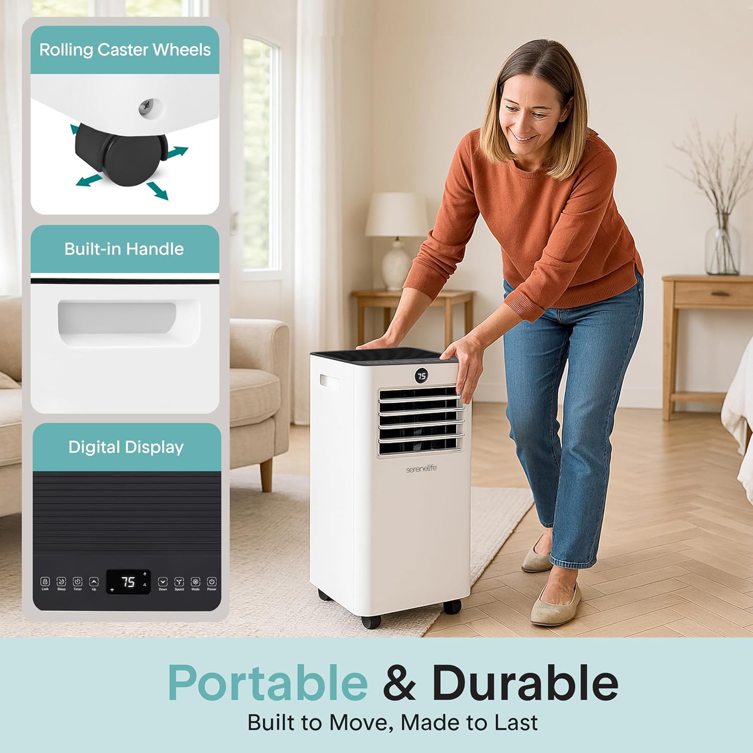 SereneLife 9,000 BTU Portable Air Conditioner, Small AC with Dehumidifier and Fan, WiFi Function, Mini AC Unit with 28 m² (300 Sq. Ft.) Coverage, Includes Remote Control and Window Mount Kit