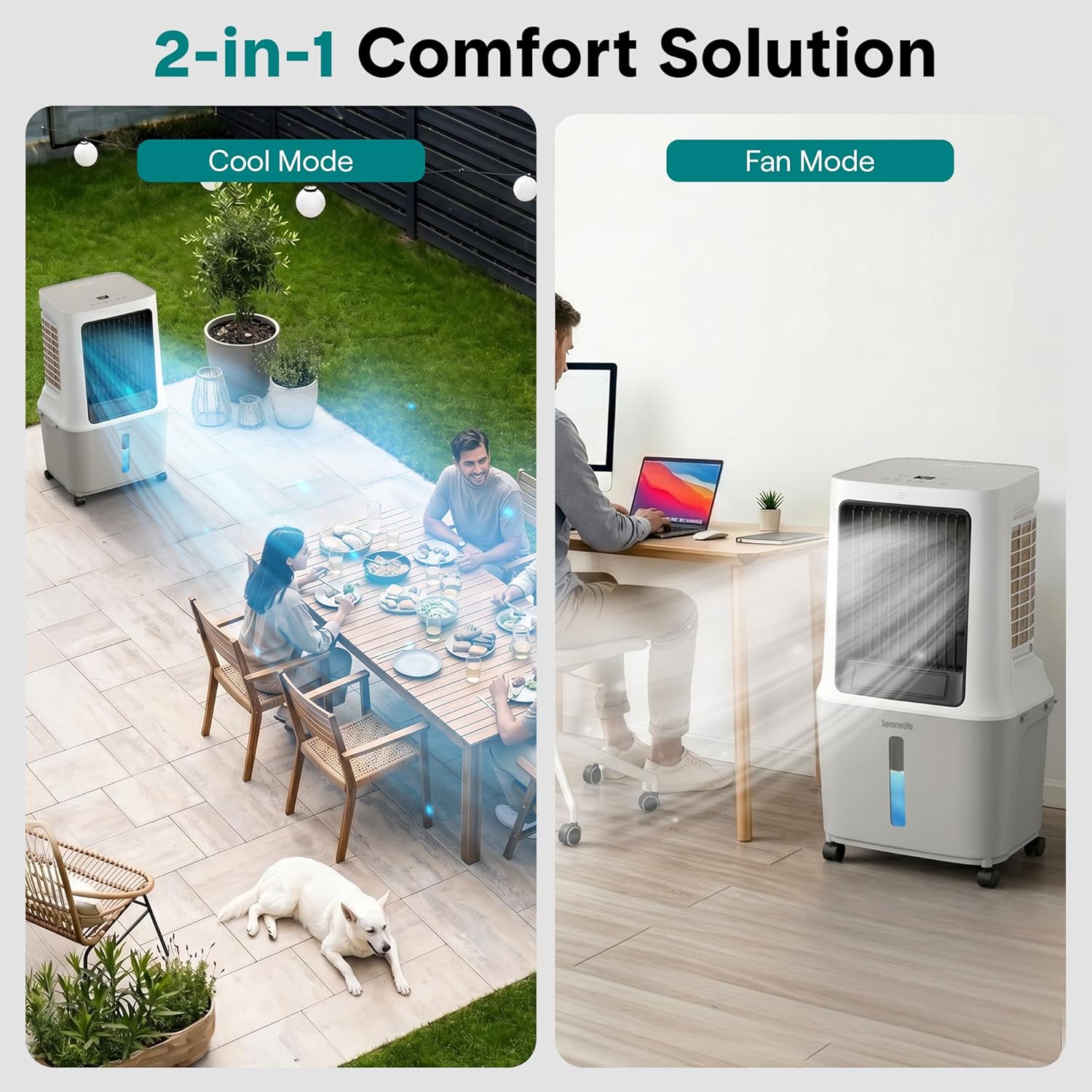 SereneLife Portable Swamp Cooler Air Conditioner - 2500 CFM Airflow, 8 Gallon Water Tank Portable Evaporative Air Cooler for Room & Outdoors, WiFi, Humidifier & Fan Modes, Ice Packs & Remote Included
