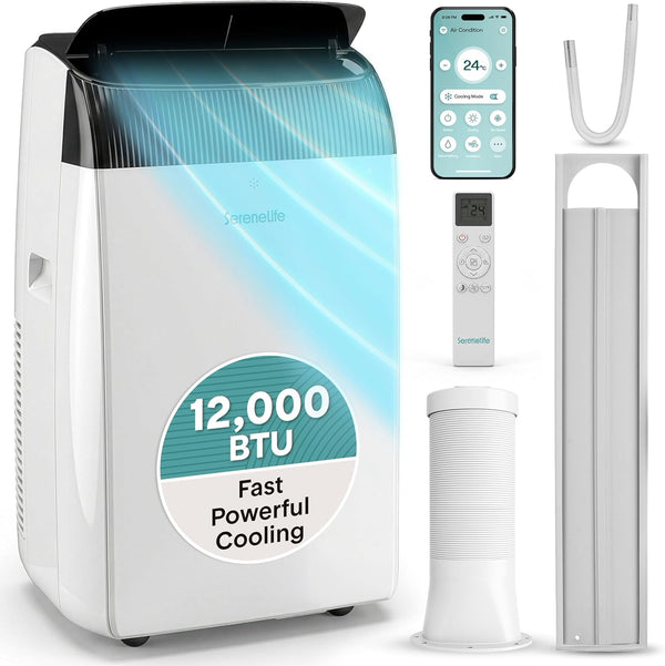 SereneLife Portable Air Conditioner 12000 BTU with WiFi, Portable AC Air Conditioning Unit, 3-in-1 with Cooling, Fan & Dehumidifier Modes, Self-Evaporating & Sleep Mode for Living Room & Large Home