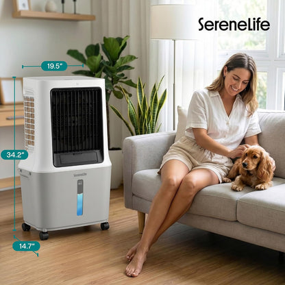 SereneLife Portable Swamp Cooler Air Conditioner - 2500 CFM Airflow, 8 Gallon Water Tank Portable Evaporative Air Cooler for Room & Outdoors, WiFi, Humidifier & Fan Modes, Ice Packs & Remote Included
