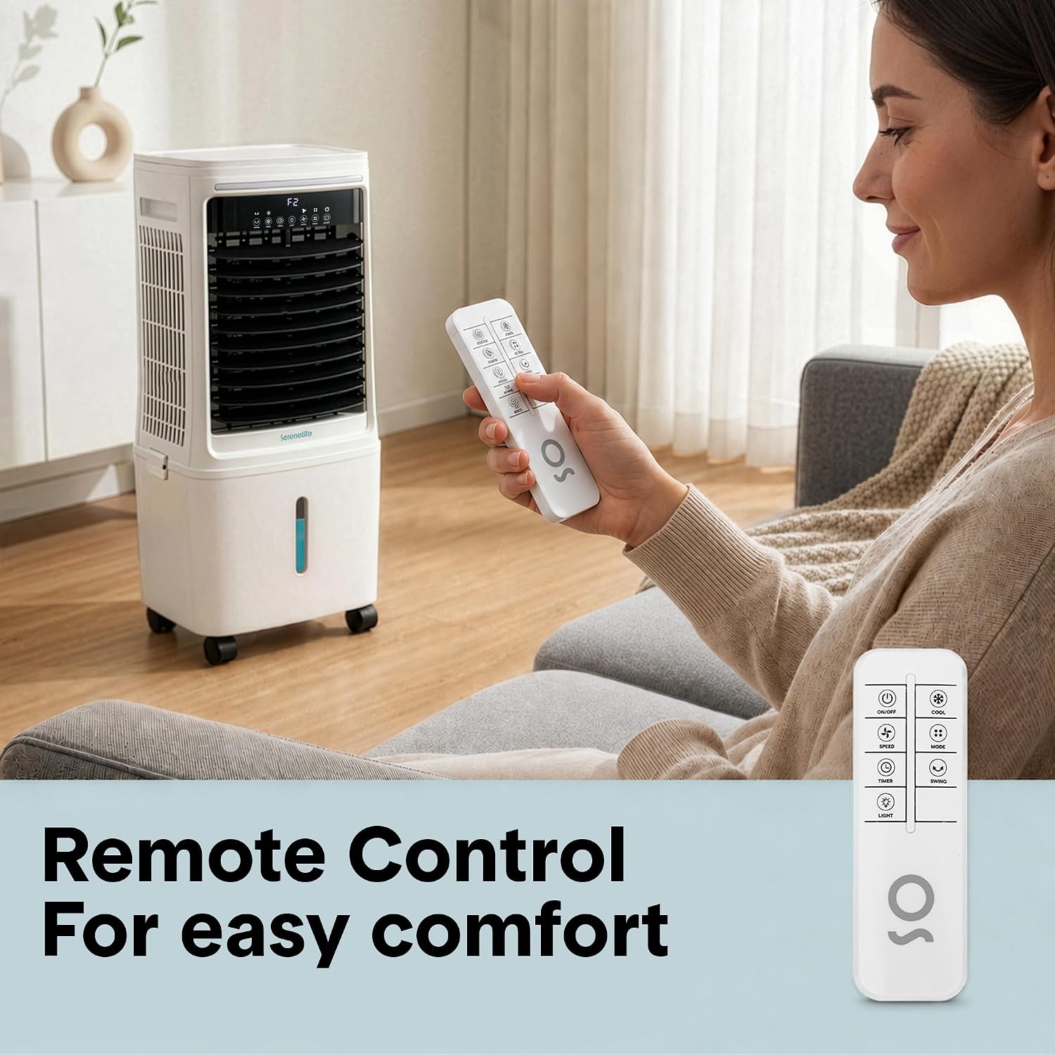 SereneLife Portable Air Cooler 25L with Remote Control – 1700 CFM Evaporative Cooling Fan with Ice Packs 60° Oscillation Timer Quiet Energy Efficient for Large Room Home Office Bedroom