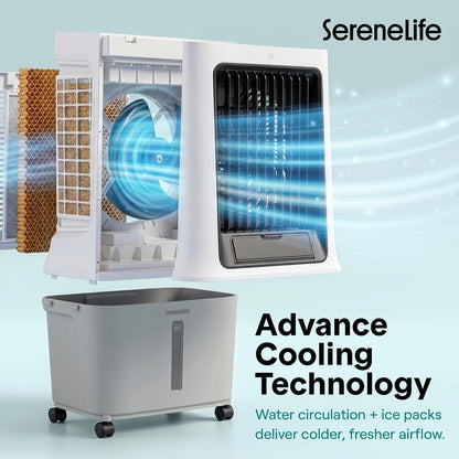 SereneLife Portable Swamp Cooler Air Conditioner - 2500 CFM Airflow, 8 Gallon Water Tank Portable Evaporative Air Cooler for Room & Outdoors, WiFi, Humidifier & Fan Modes, Ice Packs & Remote Included