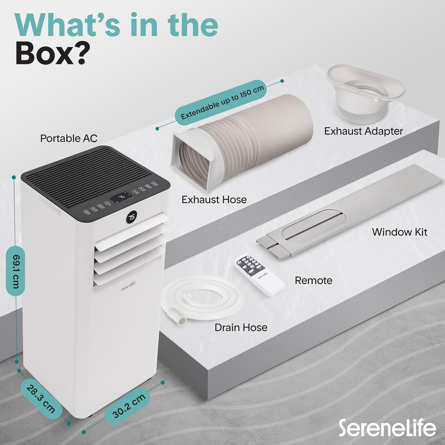 SereneLife 9,000 BTU Portable Air Conditioner, Small AC with Dehumidifier and Fan, WiFi Function, Mini AC Unit with 28 m² (300 Sq. Ft.) Coverage, Includes Remote Control and Window Mount Kit