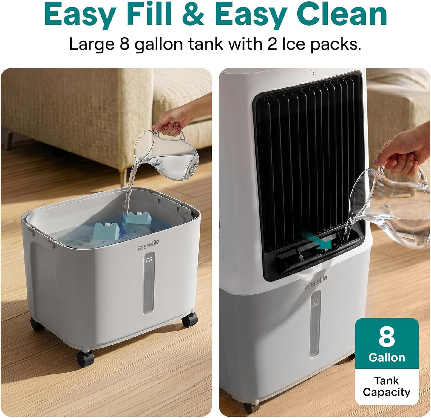 SereneLife Portable Swamp Cooler Air Conditioner - 2500 CFM Airflow, 8 Gallon Water Tank Portable Evaporative Air Cooler for Room & Outdoors, WiFi, Humidifier & Fan Modes, Ice Packs & Remote Included