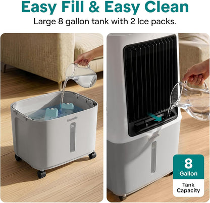 SereneLife Portable Swamp Cooler Air Conditioner - 2500 CFM Airflow, 8 Gallon Water Tank Portable Evaporative Air Cooler for Room & Outdoors, WiFi, Humidifier & Fan Modes, Ice Packs & Remote Included