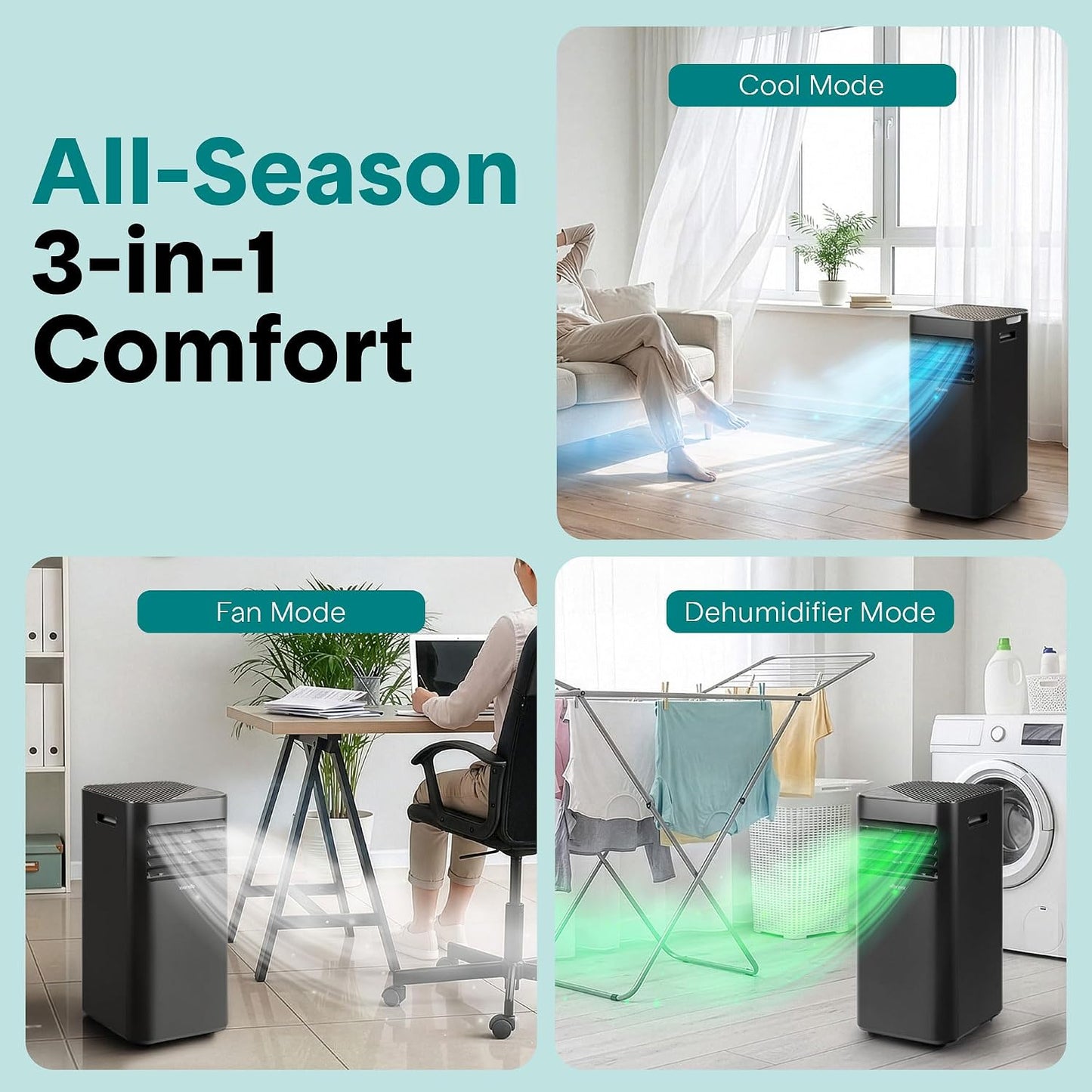 SereneLife Portable Air Conditioner 9000 BTU, Compact AC Unit with Dehumidifier & Fan for Rooms up to 30 m², Energy Efficient Quiet Cooling with Remote, Window Kit, Black